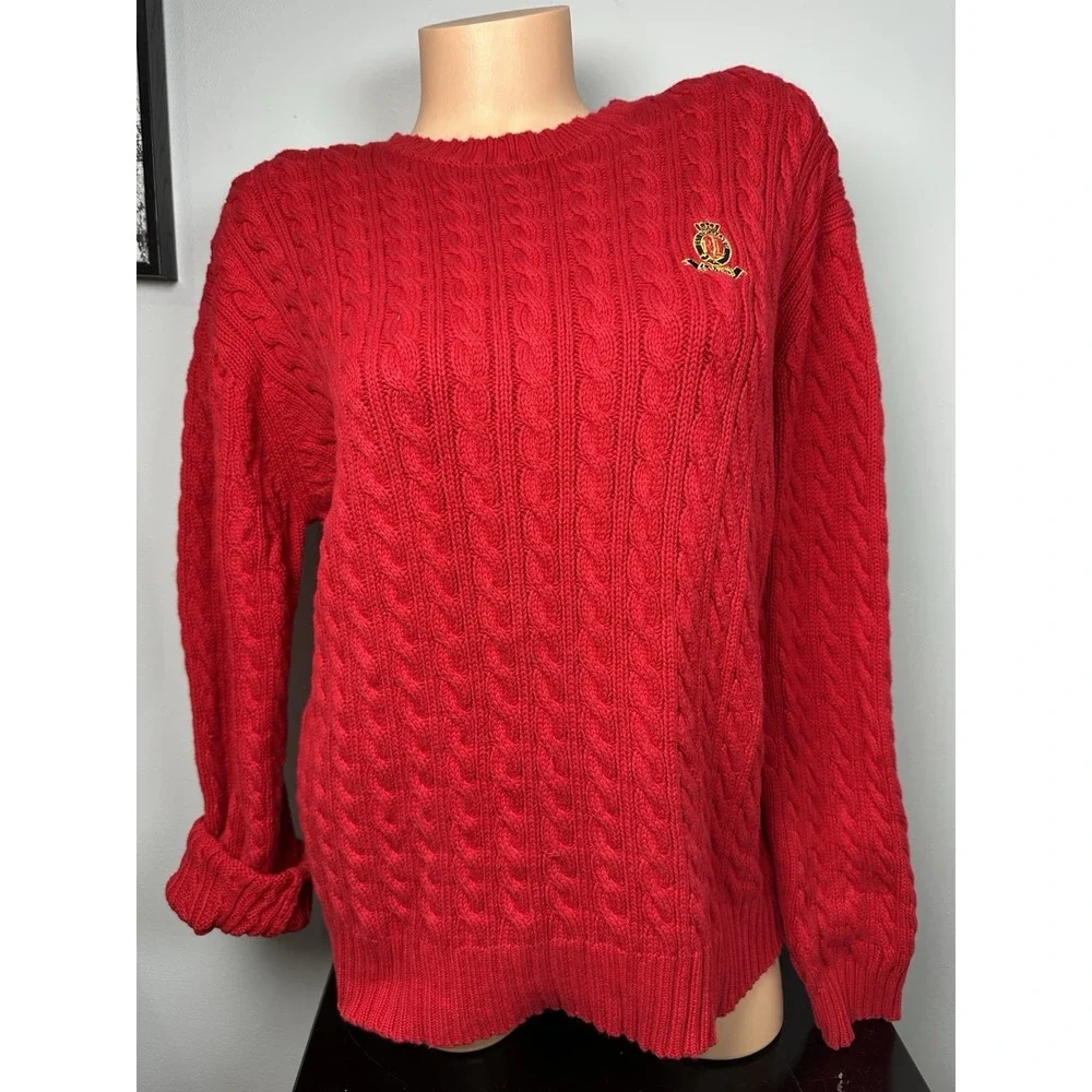 Lauren Ralph Lauren Large Womens Sweater Red Cotton Long Sleeve Chunky Academia